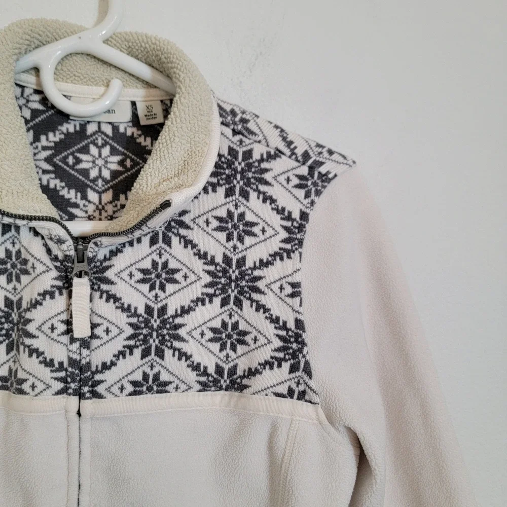 LL Bean Womens XS Fleece Jacket Full Zip Fair Isle Snowflake Cream Gray Nordic